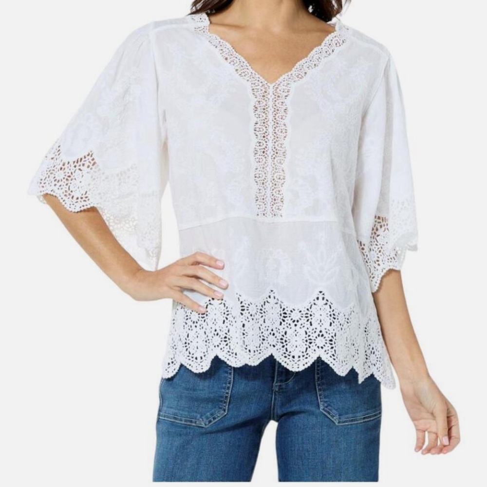 Democracy Embroidered Crocheted Trim Peplum Top